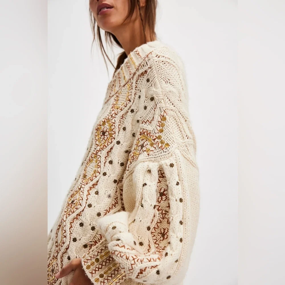 NWT Free People Gilded Cable Embellished Sweater size Small